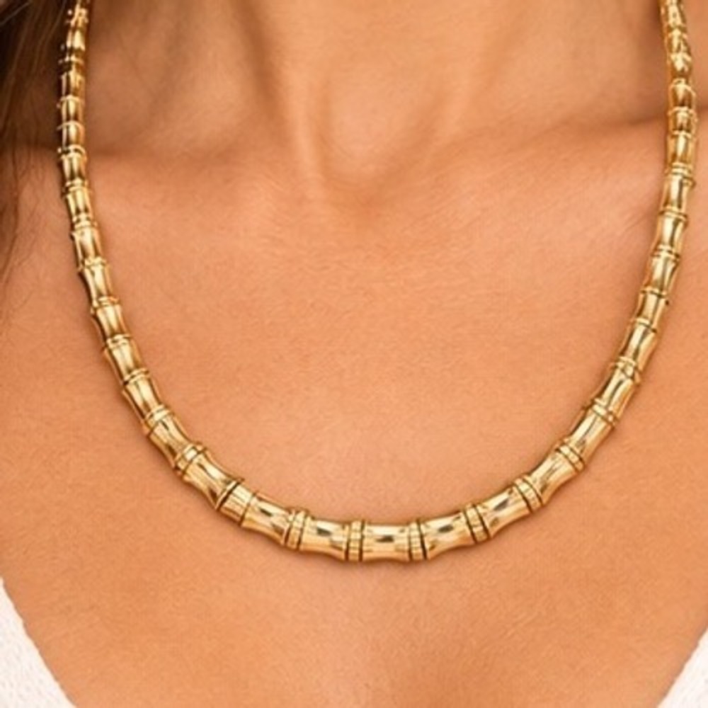 Bamboo Link Articulated Statement Necklace Golden Polish Finish